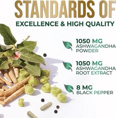 Organic Ashwagandha 2100mg Capsules w/ Black Pepper Root Supplement
