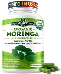 PURA VIDA MORINGA Organic Moringa Capsules, Pure Moringa Leaf Powder 120ct, 500m