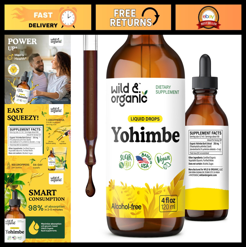Organic Yohimbe Extract Tincture Drops – 5mg Yohimbine, Alcohol-Free, Vegan, Non