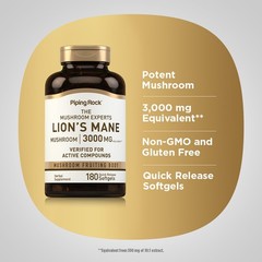 Lions Mane Capsules | 3000mg | 180 Count | Mushroom Supplement | by Piping Rock