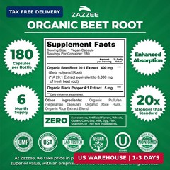 Zazzee USDA Organic Beet Root 20:1 Extract, 180 Quick Release Capsules | 6 Month