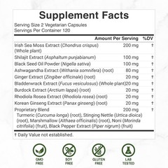 Irish Sea Moss bladderwrack Burdock Root w/ Black Seed Oil Ashwagandha 240 Pills