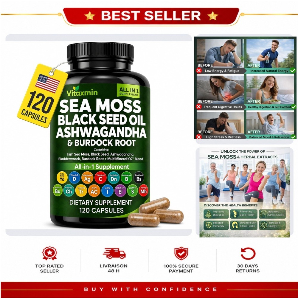 Sea Moss Capsules Irish Sea Moss Black Seed Oil Ashwagandha 120 Count