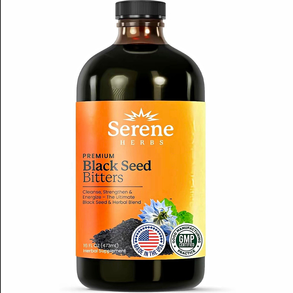 Serene Herbs Black Seed Bitters Liquid Supplement No Alcohol No Fillers 16 fl oz