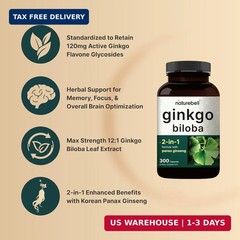 300 Caps Ginkgo Biloba 6000mg w/Red Panax Ginseng for Memory Focus Brain Health