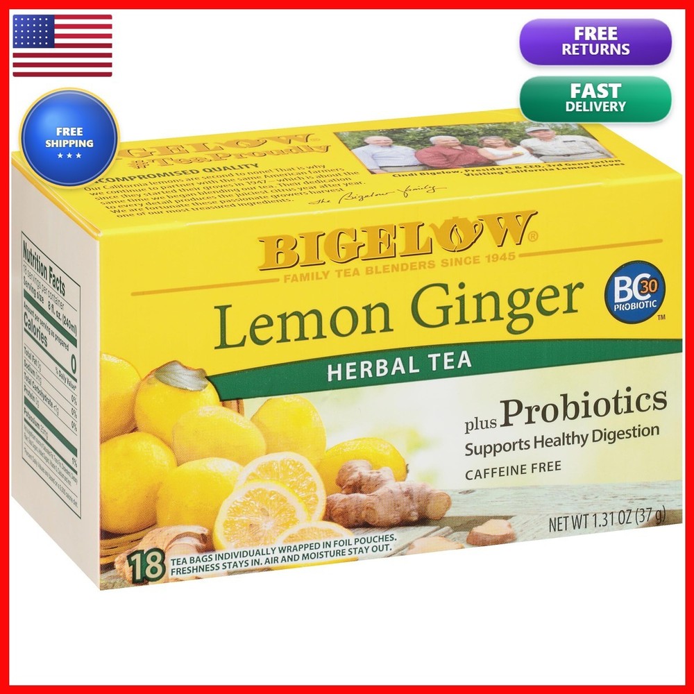 Bigelow Tea Lemon Ginger Plus Probiotics Herbal Tea 18 Count 6 Pack
