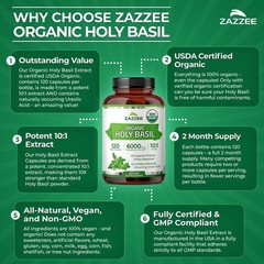 Zazzee Organic Tulsi Holy Basil 20:1 Extract 2.5% Ursolic Acid Vegan
