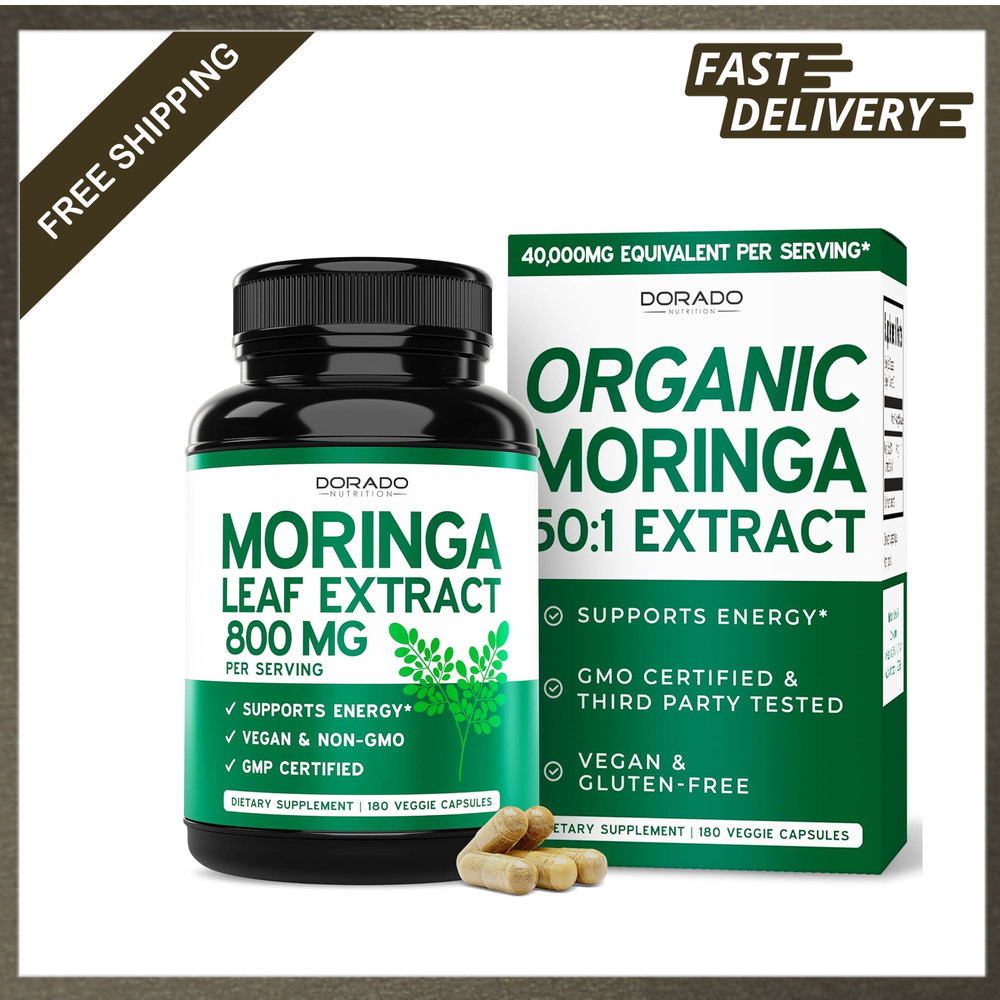 Organic Moringa Capsules 180 Count Pure Leaf Powder Supplement for Energy Skin