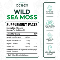 Wild Sea Moss Capsules, 100% Organic, Chlorella Bladderwrack Vitamin D, 60 Count