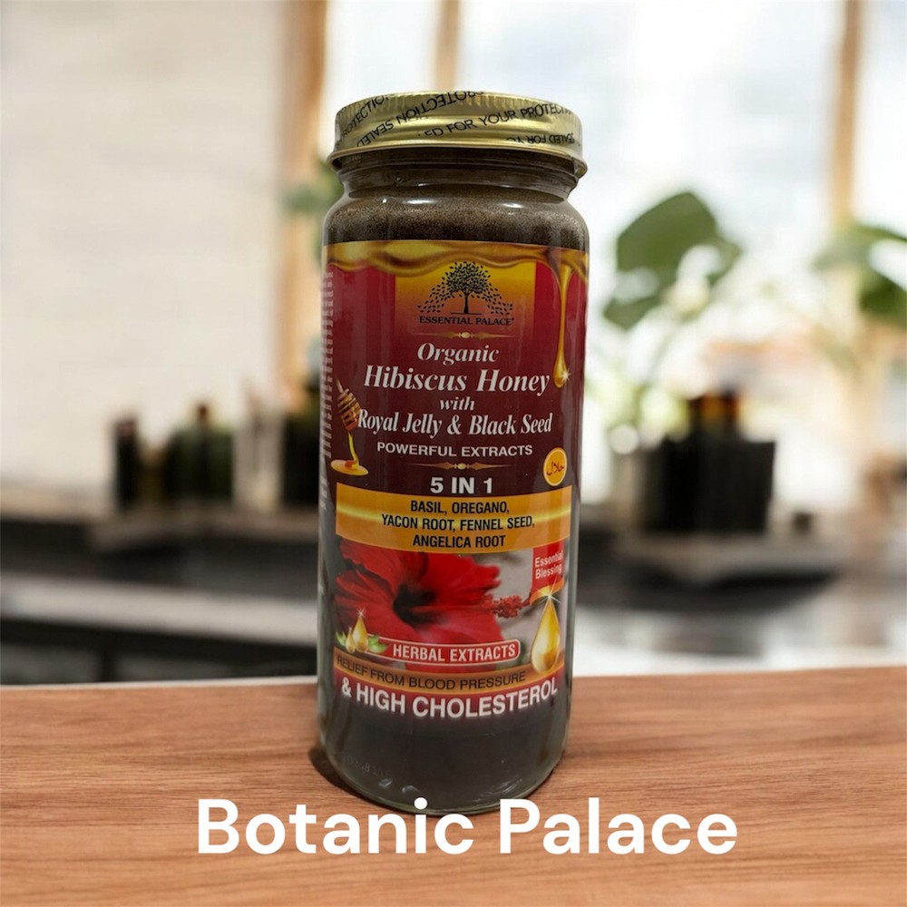 Organic Hibiscus Honey W/ Royal Jelly & Black Seed 5 in 1- 16 oz Glass Bottle By