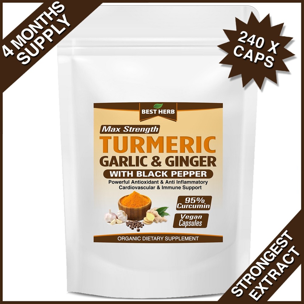 240 CAPSULES TURMERIC GINGER GARLIC BLACK PEPPER PIPERINE CURCUMIN TUMERIC PILLS
