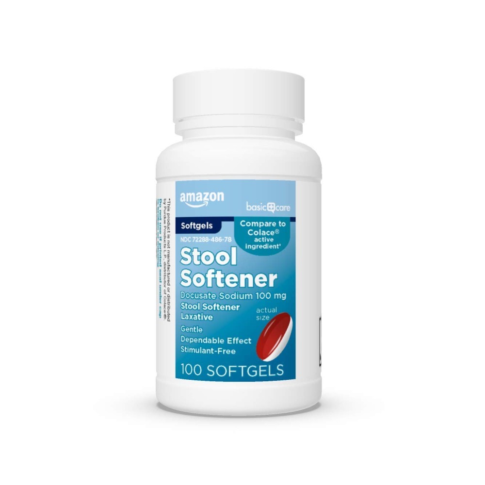 Amazon Basic Care Stool Softener Laxative, 100 Count (Pack of 1), Red & White
