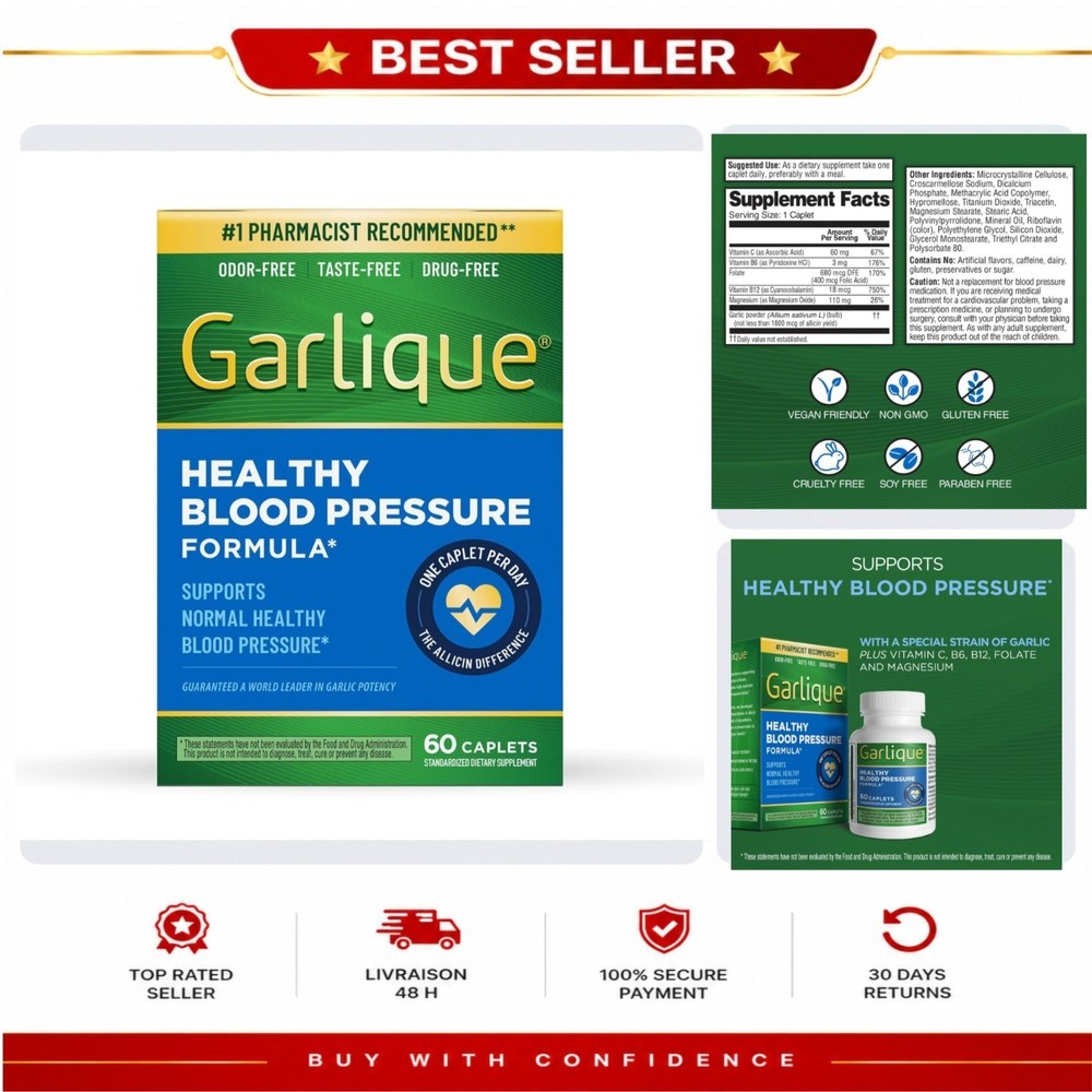 Garlique Garlic Extract Caplets Blood Pressure Support 60 Count Vegan