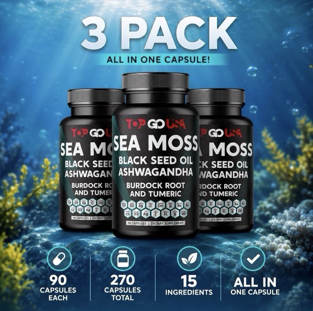 3 Pack Sea Moss Black Seed Oil Ashwagandha Burdock Root Turmeric 270 Capsules
