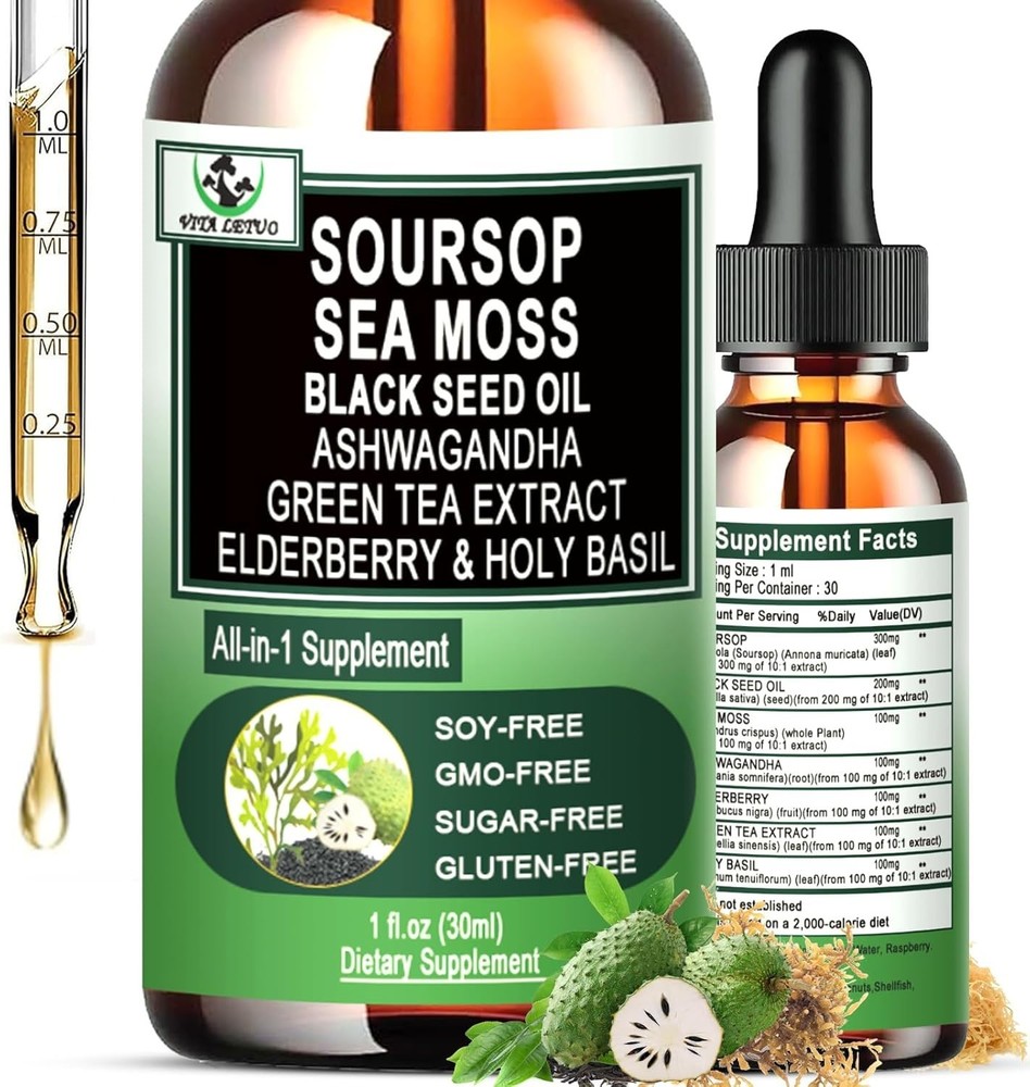 Soursop Drops,Soursop Bitters Liquid with Sea Moss Black Seed Oil Green Tea Extr