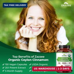Zazzee USDA Organic Ceylon Cinnamon 20:1 Extract, 150 Vegan Capsules, 5 Month Su