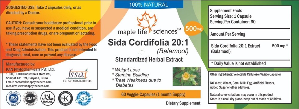 Sida Cordifolia 20:1 Extract Capsule Balamool Pure & High Quality