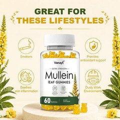 60 Count Mullein Gummies for Lung Cleanse, 2000mg Organic Mullein Leaf Extract
