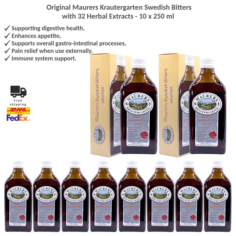 Original Maurers Krautergarten Swedish Bitters with 32 Herbal Extracts 10x250ml