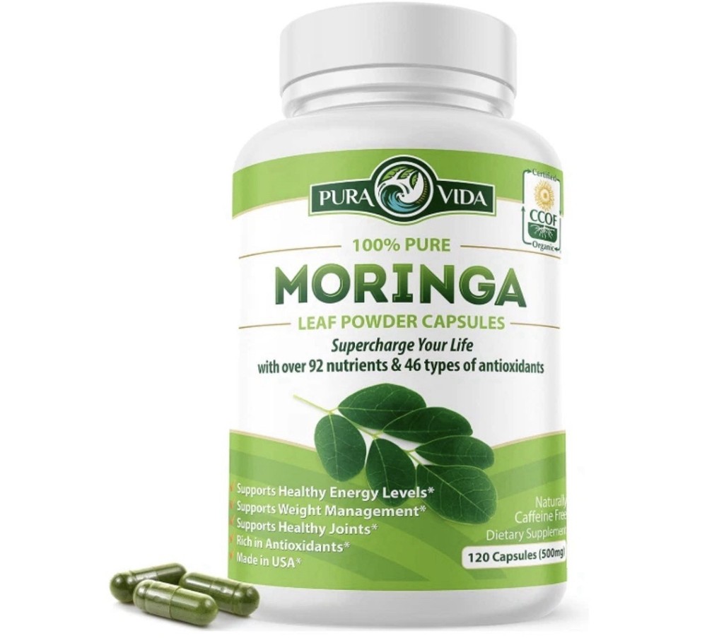 Moringa Capsules By Pura Vida | 120 Organic 100% Pure Leaf Powder Capsules 500mg