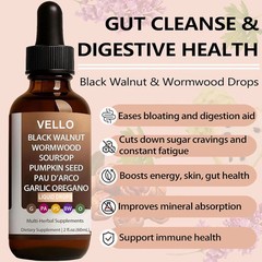 VELLO Black Walnut Wormwood Gut Cleanse | Soursop, Pumpkin Seed, PAU D’Arco, Gar