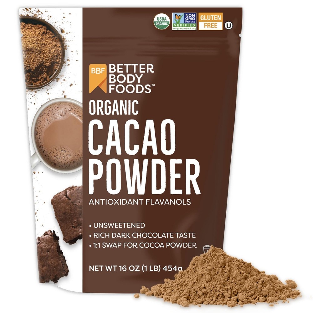 BetterBody Foods Organic Cacao Powder, Rich Chocolate Flavor, Non-GMO, 1 lb bag