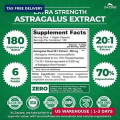 Zazzee Extra Strength Astragalus Root 20:1 Extract, 70% Polysaccharides | 180 Ve