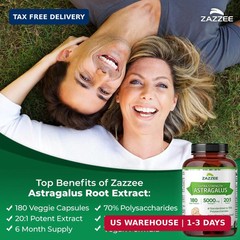 Zazzee Extra Strength Astragalus Root 20:1 Extract, 70% Polysaccharides | 180 Ve