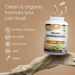 Organic Ashwagandha 2100mg – Full Spectrum Root Powder & Extract, Vegan, Non-GMO