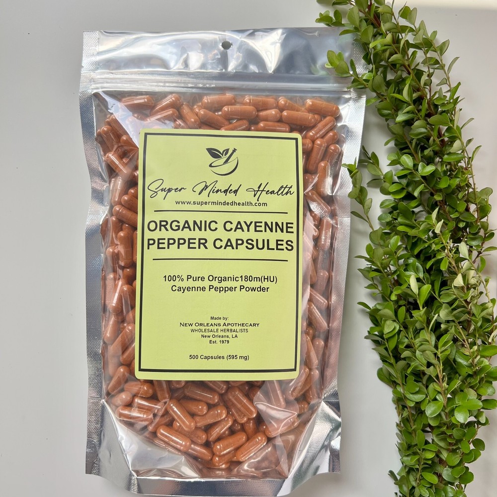500 Organic Cayenne Pepper Powder Capsules 180,000 HU Capsicum Annuum