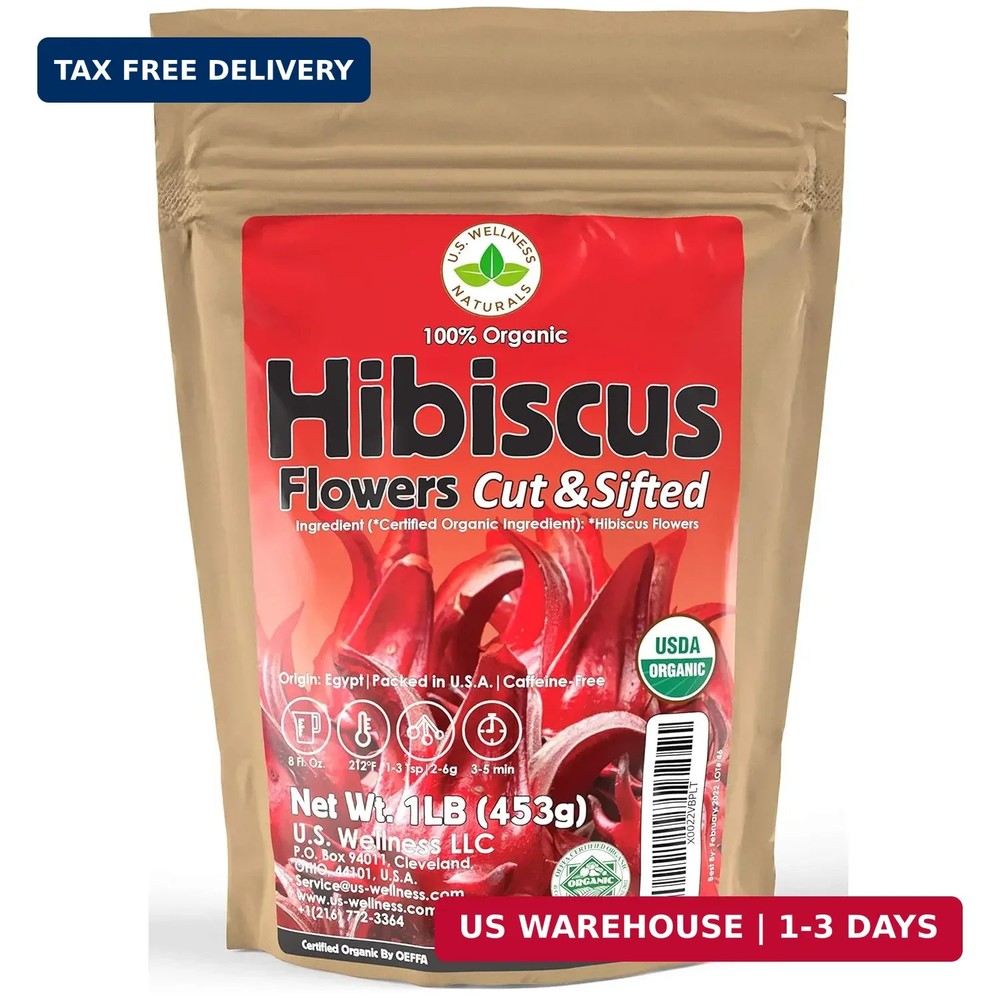 Hibiscus Tea 1LB (16Oz) 100% CERTIFIED Organic Hibiscus Flowers Herbal Tea (CUT&