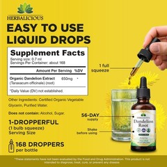 Organic Dandelion Root Extract Liquid Drops 4 oz – Alcohol-Free Tincture, 650mg/