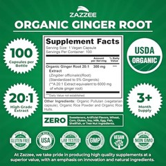 Organic Ginger Root Extract Capsules – 20:1 Potency, 5% Gingerols, 100 Count