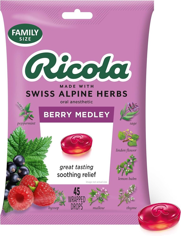 Ricola Berry Medley Throat Drops, 45 Count, Delicious Relief & 45