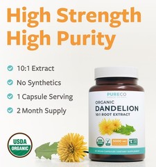 USDA Organic Dandelion Root Extract – High Potency 10:1 60 Count (Pack of 1)