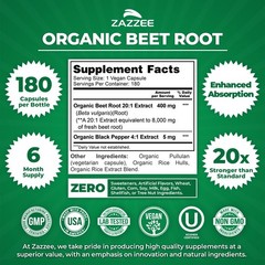 Zazzee USDA Organic Beet Root 20:1 Extract, 180 Vegan 180 Count (Pack of 1)