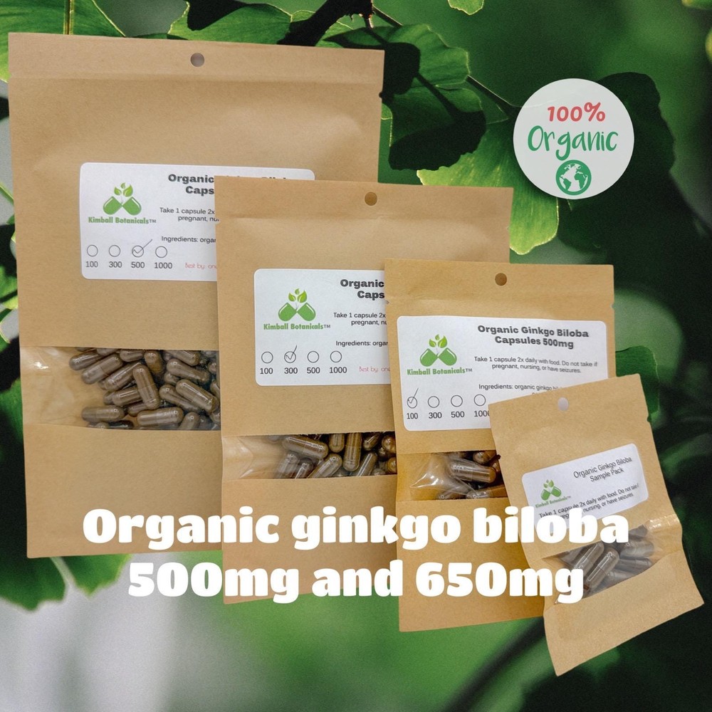 Organic Ginkgo Biloba Leaf 500mg and 650mg vegetarian capsules made without any