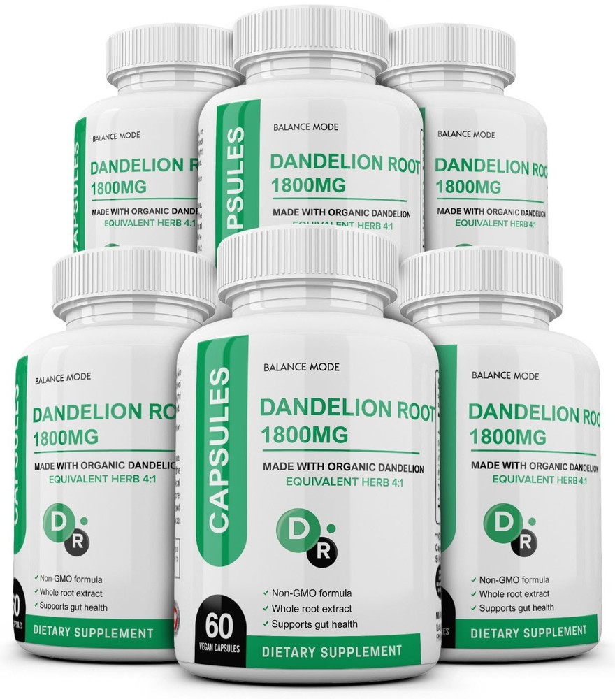 6 Organic Dandelion Root Capsules 1800mg 360 Count Non-GMO Equivalent Herb 4:1