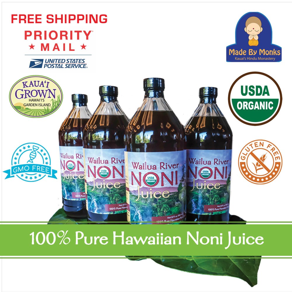 100% HAWAIIAN WAILUA RIVER NONI JUICE Certified Organic: 4 Glass Bottles 32 oz.