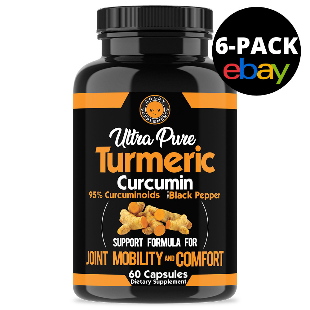 Angry Supplements Pure Turmeric Anti Inflammatory w. Black Pepper Pills, 6 Pack