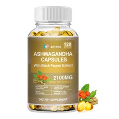 Organic Ashwagandha Capsules 2100 MG with Black Pepper Root Powder 120 Capsules