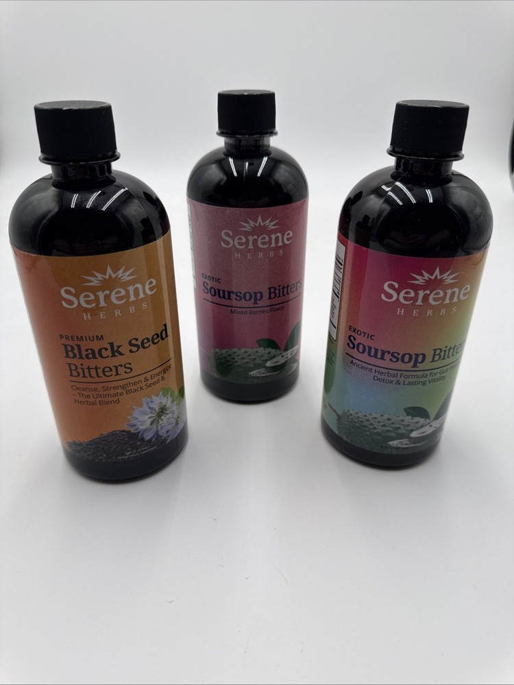 Serene Herbs Soursop Bitters Liquid &Amp Black Seed Bundle 16oz 3pck EXP 04/28
