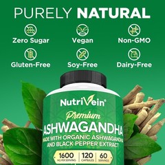 Nutrivein Organic Ashwagandha Capsules 1600mg – 120 Vegan Pills – Stress Support
