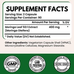 VITBOOST Moringa Oleifera 50:1 Extract Capsules 400mg, Made in USA – 180 Count
