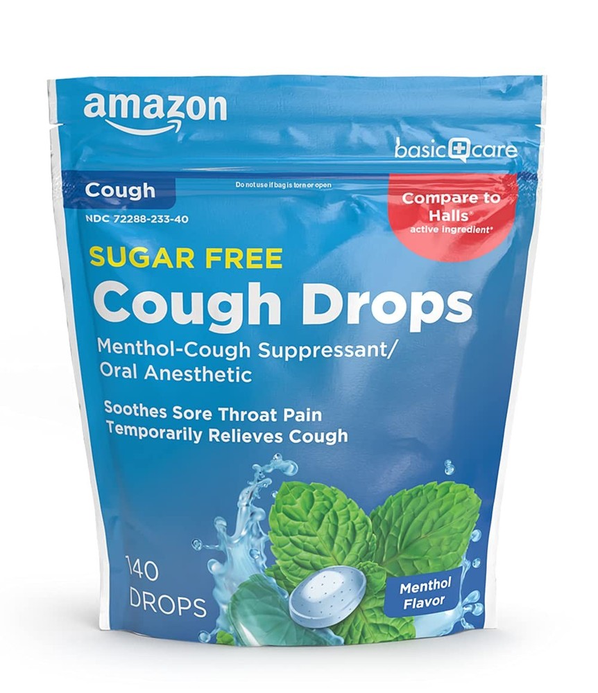 Amazon Basic Care Sugar Free Menthol Cough Drops, 140 Count (Pack of 1), Blue
