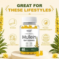 2 Bottles Mullein Gummies for Lung Cleanse, 2000mg Organic Mullein Leaf Extract