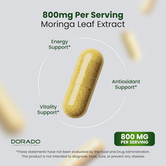 Organic Moringa Capsules 180 Count Pure Leaf Powder Supplement for Energy Skin