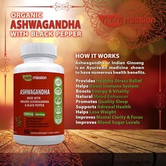 Organic Ashwagandha Capsules 1300mg w/ Black Pepper Root Powder by NutraMission