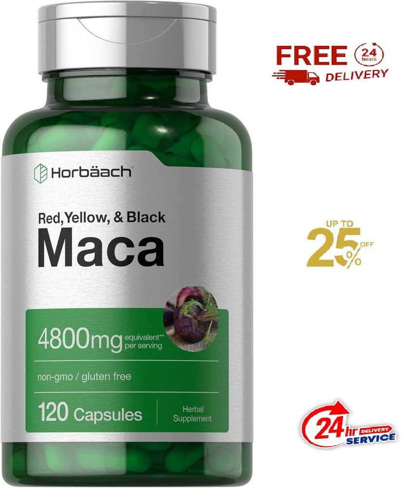 Maca Root Capsules 4800mg | 120 Pills | Red, Yellow, Black Maca | by Horbaach