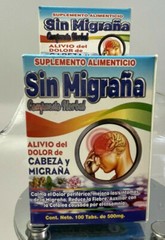 SIN MIGRA COMPUESTO HERBAL ALIVIO DEL DOLOR DE CABEZA MIGRANA 100 TABLET 500MG